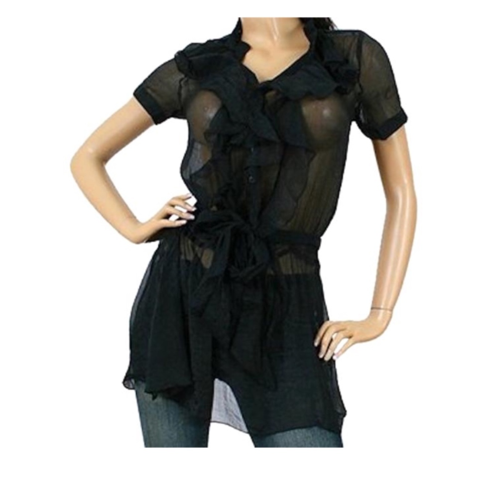 Vertical Ruffle Sheer Tunic Cover Up Top Blouse